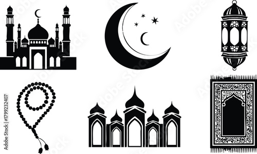Islamic religious symbols mosque crescent stars lantern prayer rug and rosary beads vector illustration 