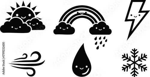 Weather icons set with sun, rainbow, lightning, wind, water drop, and snowflake vector illustration for versatile design use 