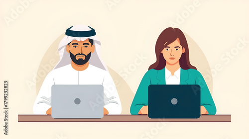 Business arab man and woman using laptops at a desk