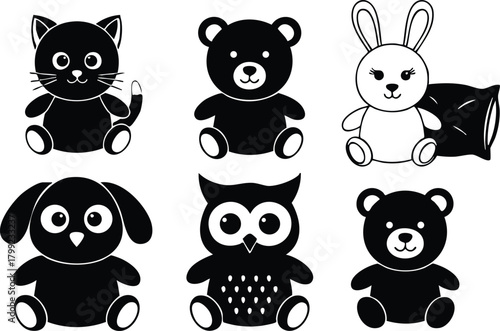 Cute black and white teddy bear cat dog bunny and owl plush toys collection vector illustration 