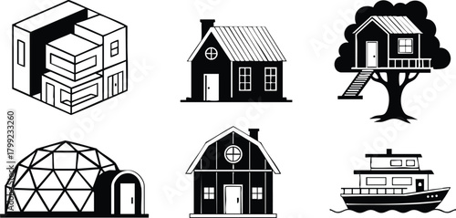Various house styles including cube home, traditional house, treehouse, dome home, barn house, and boat house vector illustration 
