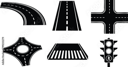 Road and Traffic Symbols Vector Illustration Including Crosswalk and Traffic Light Icons for Urban Planning and Navigation Design 