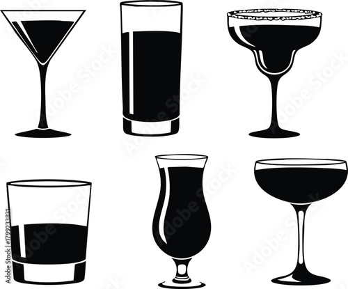 Various cocktail and drink glassware icons black silhouette vector illustration suitable for bar menus and beverage design 