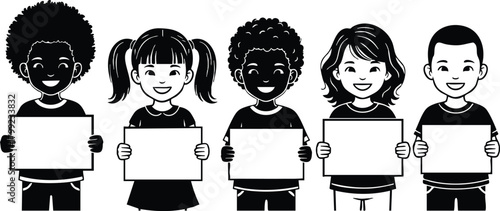 Group of diverse children holding blank signs vector illustration with ethnic variety and happy expressions 