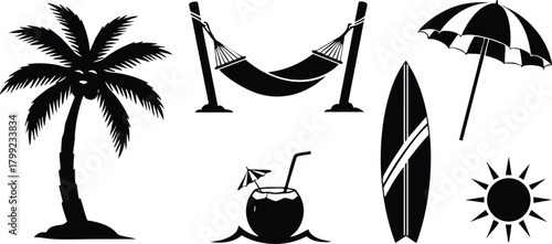 Tropical beach summer icons with palm tree hammock surfboard umbrella coconut and sun vector illustration 