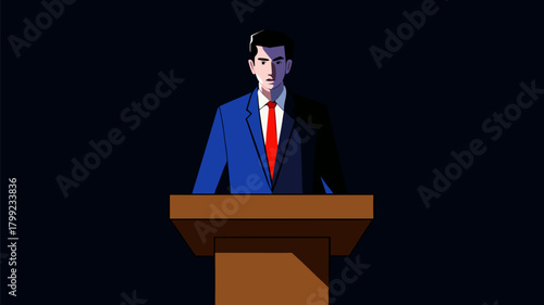 Politician Speaking at Lectern with Dramatic Light and Shadow Contrast