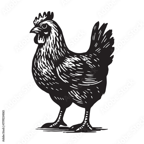 Vintage woodcut style illustration of a rustic hen, a classic black and white poultry graphic symbolizing farm-to-table goodness and traditional agriculture for logos and branding