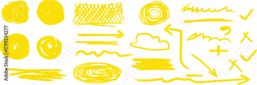 Collection of yellow hand drawn doodle elements and symbols on white background