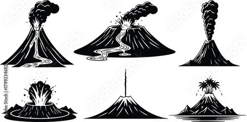 Volcanic Eruption Vector Set with Various Volcano Types and Lava Flow Illustrations in Black and White Style 