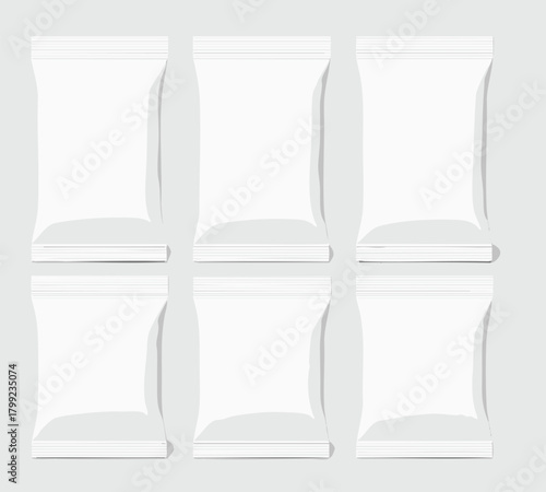Set of Six White Snack Packaging Mockups Isolated on Light Background – Blank Foil Pouches for Chips, Cookies, Candy, or Food Products – Realistic Vector Templates for Branding and Design.