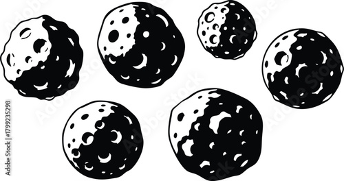Asteroids in Space Vector Illustration Showing Craters and Irregular Shapes 
