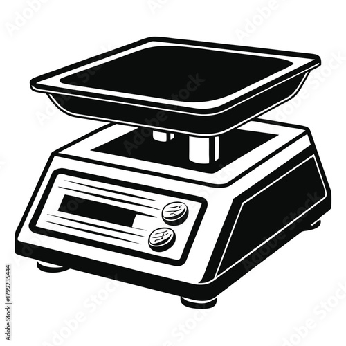 Black and white illustration showcasing the intricate detail of a kitchen scale