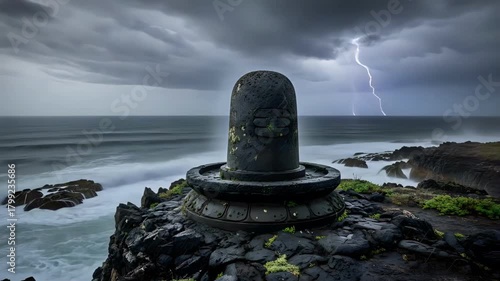 Dark volcanic rock Shiva Linga on a windswept cliff edge above a turbulent stormy ocean