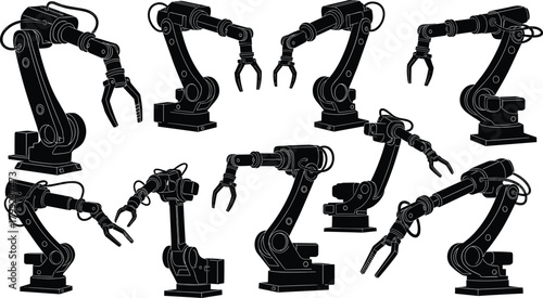 Illustration of collection of robotic arms in various poses isolated on industrial automation, manufacturing, and technology concept vector illustration