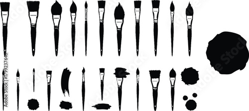 described features a striking collection of paint brushes and ink splatters, rendered in a monochromatic black and white palette