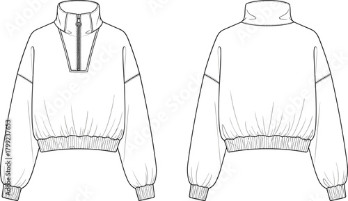 Illustration of technical drawing of a cropped sweatshirt with a high neck and a zipper front and back views of an oversized sweatshirt isolated on