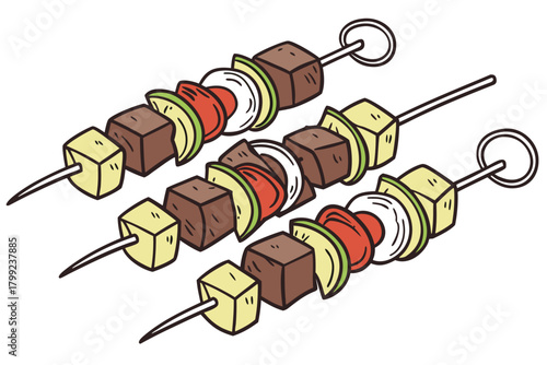 Three stylized skewers showcasing alternating cubes of beef and cheese between fresh vegetable slices