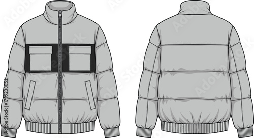 Illustration of front and back view of a gray puffer jacket with pockets isolated on technical sketch of a winter coat for fashion design and style