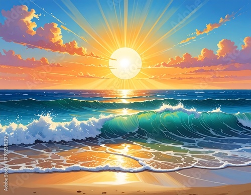 A vibrant sunset over a tranquil ocean. Golden sun shines brightly, reflecting on waves, painting clouds with warm colors. Seashore in the foreground