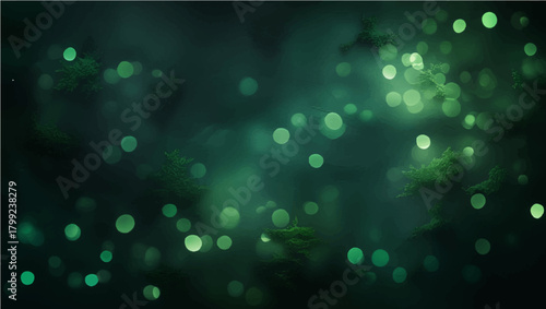 Green abstract background with glowing bokeh bubbles and soft blurred light effects