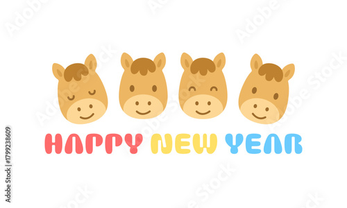 ハッピーニューイヤーロゴと馬のポップな新年のカラフルイラスト