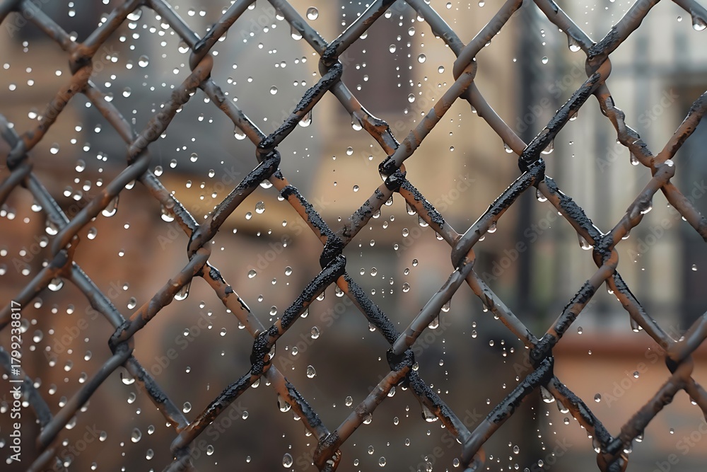 Fototapeta premium Raindrops clinging to metal chain link fence
