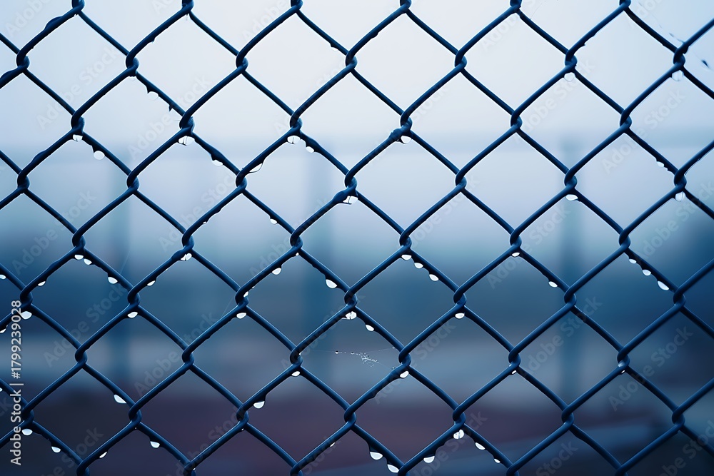 Fototapeta premium Chain link fence with raindrops on a foggy day