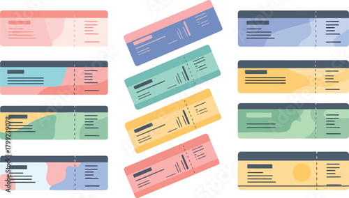 Colorful Assorted Ticket Stubs in Various Pastel Colors on White Background