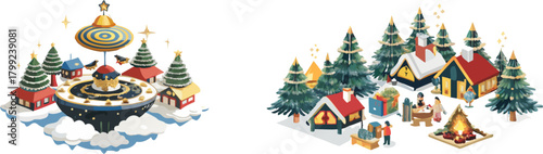 Festive christmas village scene with decorated trees houses and people gathering around a campfire in winter