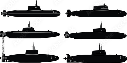Illustration of silhouetted submarine collection isolated on featuring various types of naval vessels, showcasing their designs and maritime capabilities in black color