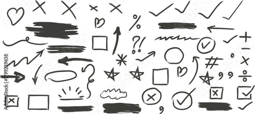 Collection of hand drawn doodles and symbols on white background