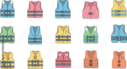 Colorful Life Jackets in Bright Shades on White Background
