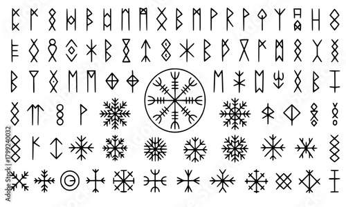Complete Set of Black Norse Runes and Icelandic Magical Staves Vector Icons, Futhark Alphabet and Helm of Awe Symbol Collection, Ancient Viking Mythology Design Elements