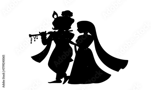 Lord Krishna and Radha Silhouette, Traditional Hindu God and Goddess Pair Vector Illustration, Indian Wedding Card Design Element, Black and White Icon