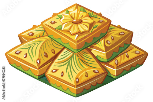 Stack of uniquely ornamented square sweet pastries is carefully placed forming a delightful pyramid
