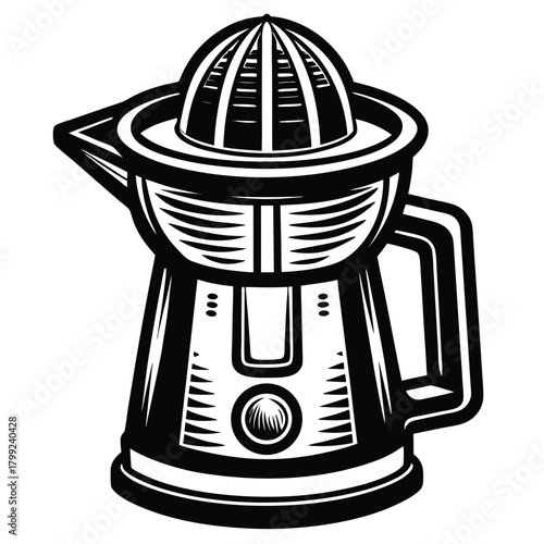 A black and white juicer displays a classic kitchen appliance design