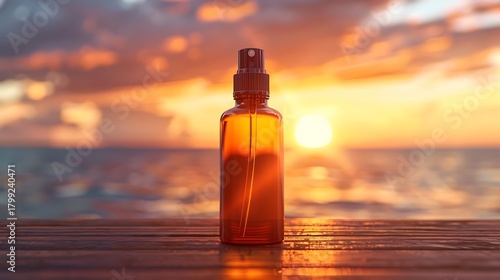 Amber spray bottle on wooden surface with ocean and sunset in the background in a blurred image