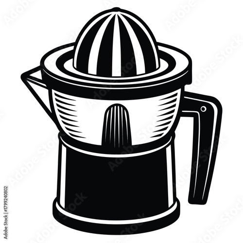 Bold black and white shows a manual citrus juicer from a high angle