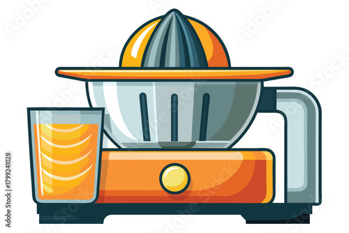 Orange juicer with a glass of freshly squeezed juice is ready to serve