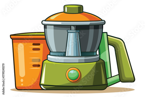 A green food processor sits alongside an orange container ready for kitchen use