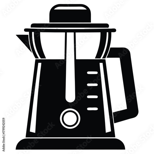 The electric juicer is black with a white power button and level indicators