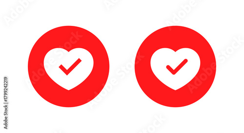 Good health icon in Red circle. Heart with check mark symbol. Healthy lifestyle sign