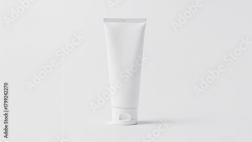White cream tube standing over white background. Clean minimalist cosmetic packaging mock-up with copy space for branding, logo, label design, advertising and skincare product presentation.