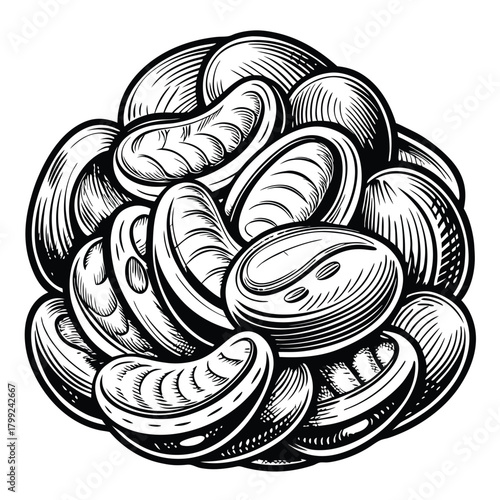 Black and white illustration depicts pile of delicious roasted coffee beans in captivating detail