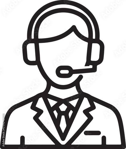 Outline icon of a person wearing a headset and suit on white background headphones