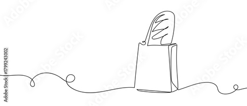 Bread sticks in a paper bag, in one continuous line. Dynamic single line draw design vector illustration Editable stroke.