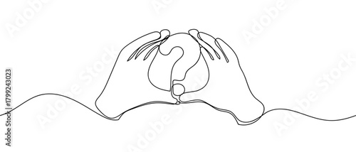 Hand holding a question mark in one continuous line. Dynamic single line draw design vector illustration Editable stroke.
