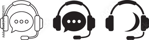 Three headset icons with speech bubbles in black and outline styles headphones microphone