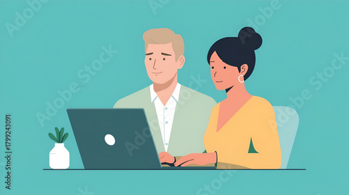 Business couple working on a laptop with a plant on the desk