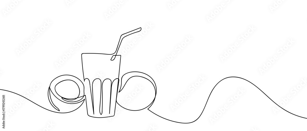 © Proongnee - Coconut water and coconut fruit in one continuous line Dynamic single line draw design vector illustration Editable stroke. © Proongnee - Coconut water and coconut fruit in one continuous line Dynamic single line draw design vector illustration Editable stroke.